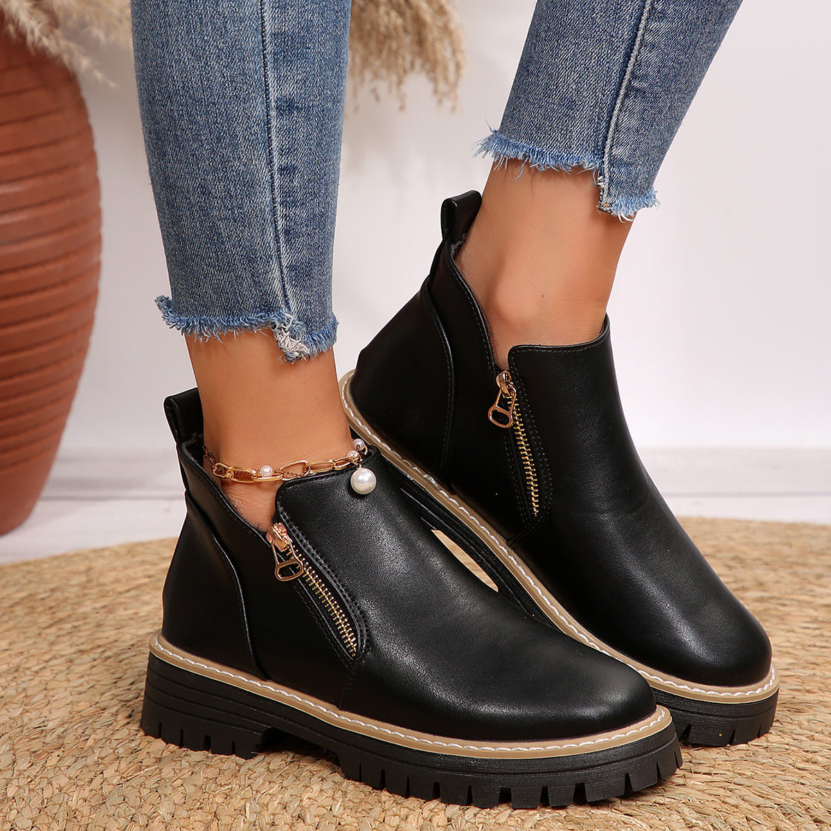 Autumn And Winter Round Toe High Heel Boots Women's Shoes